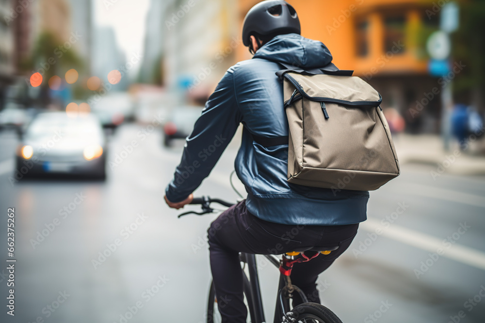 Obraz premium Delivery man on a bicycle on a rainy day in the city