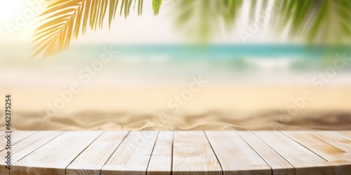 wooden table with beach view as background. generative AI