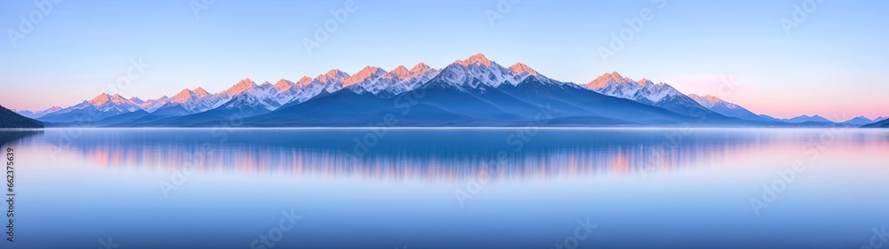 Beautiful picturesque landscape of a mountain range at dawn. The mountain peaks are covered with snow. Generative AI. Beautiful picturesque landscape of a mountain range at dawn. The mountain peaks are covered with snow. Generative AI.