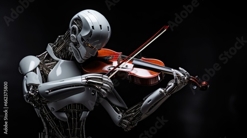 high tech grey robot play violin, close up side view on black background