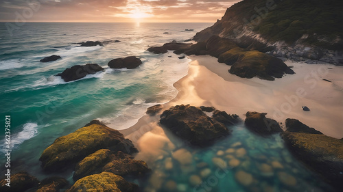 Aerial view of a beautiful beach at sunset. Long exposure.