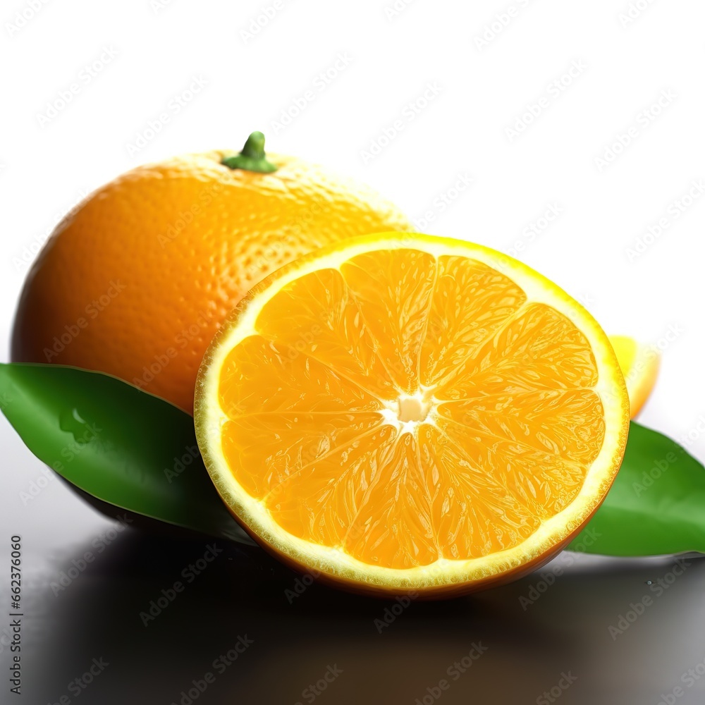 Close-up photo of ripe and fresh oranges on white background. Generative AI Close-up photo of ripe and fresh oranges on white background. Generative AI