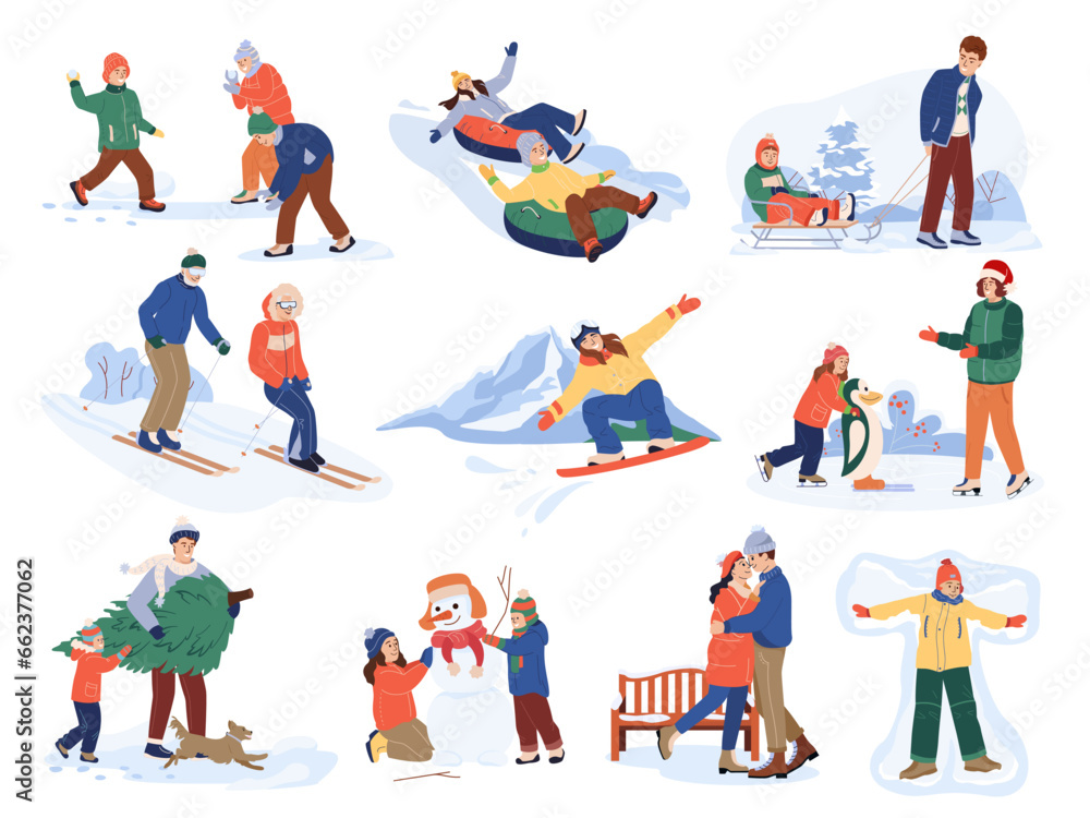 Set of isolated winter family leisure activity cartoon characters. Vector collection of men and women, adult people and children skiing, ice skating, snowboarding, make snowman together. Flat style