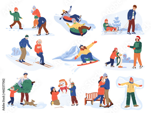 Set of isolated winter family leisure activity cartoon characters. Vector collection of men and women, adult people and children skiing, ice skating, snowboarding, make snowman together. Flat style