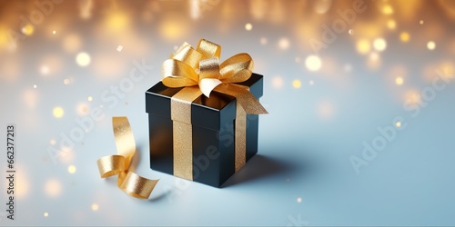 Gift box with gold colored ribbon and sprinkles of paper baubles on blue background. Generative AI