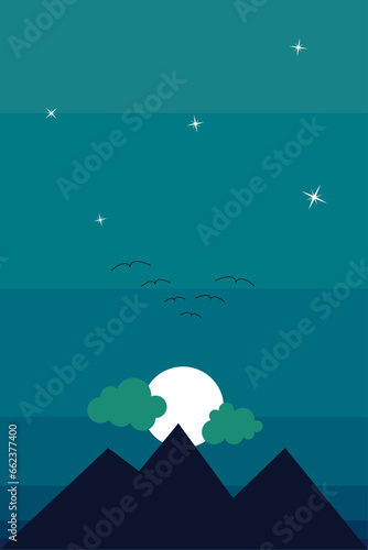 illustrazione grafica raffigurante il sorgere della luna con nuvole e uccellini photo
