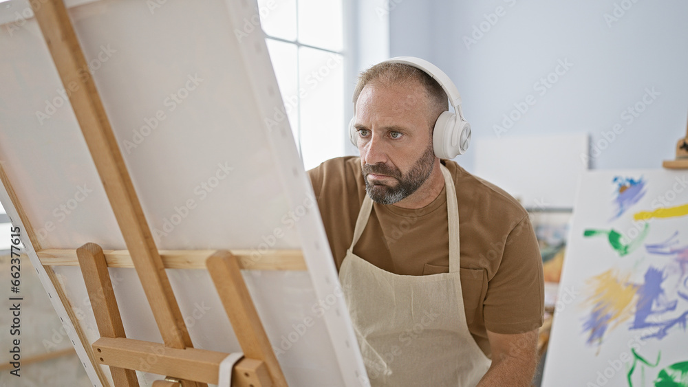 Fototapeta premium Young man artist listening to music drawing at art studio