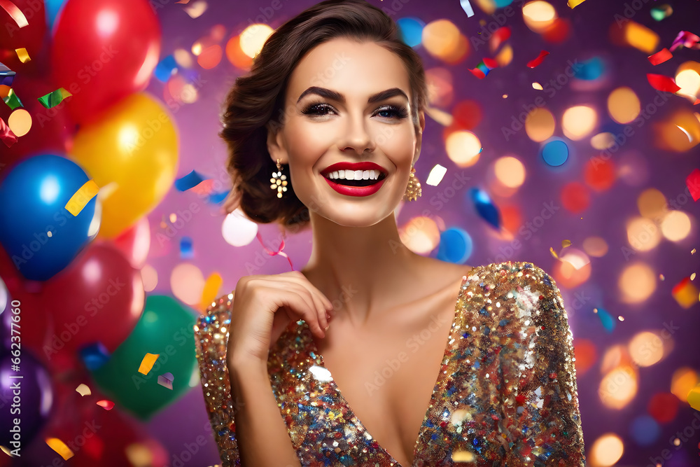 beautiful sensual woman in festive attire with blur balloon background, photorealistic, birthday celebration, joyful expression, elegant dress, vibrant makeup, front view, indoor setting, color beautiful sensual woman in festive attire with blur balloon background, photorealistic, birthday celebration, joyful expression, elegant dress, vibrant makeup, front view, indoor setting, color