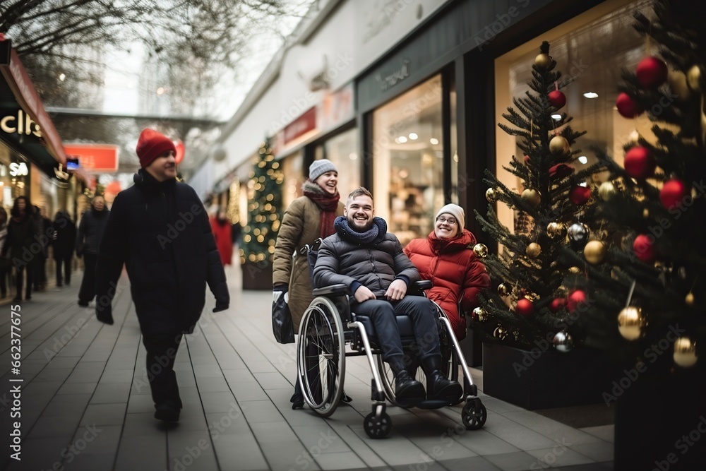 Obraz premium disabled young man in a wheelchair in the shopping center