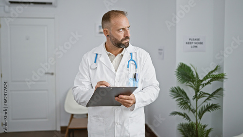 Handsome young man doctor with serious face, determinedly taking notes on clipboard in bustling clinic waiting room