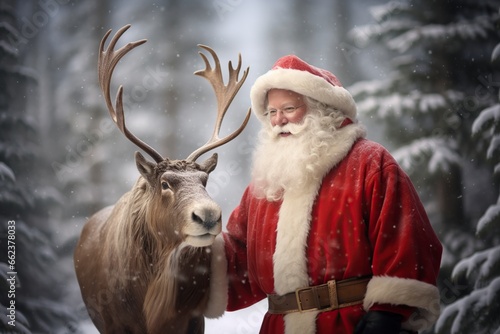 santa claus and a reindeer in the forest in the winter snow