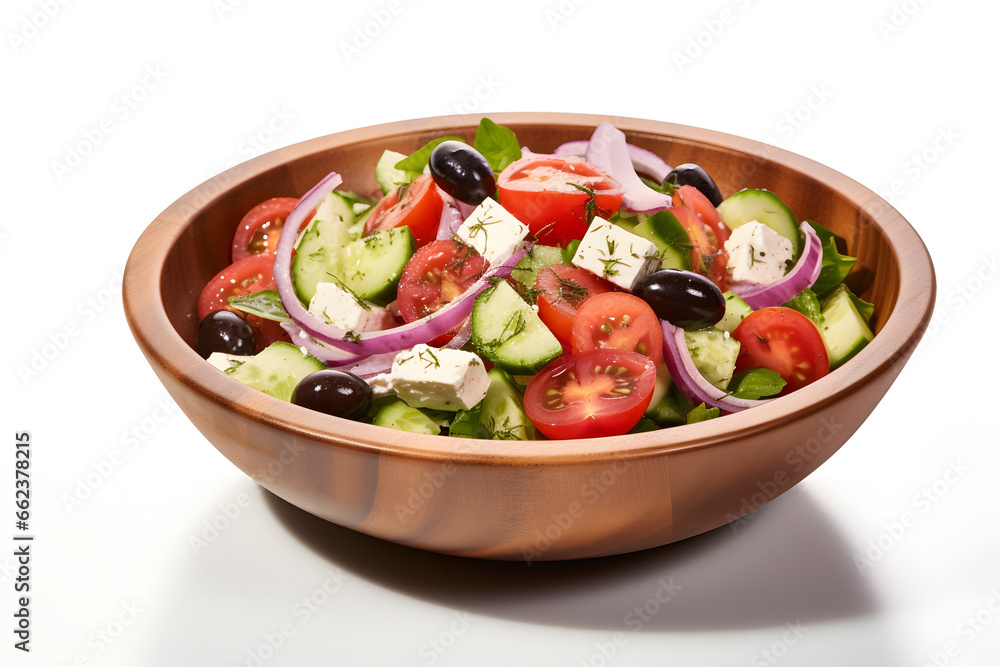 Greek salad with tomatoes, cucumbers, onions and olives on a white background