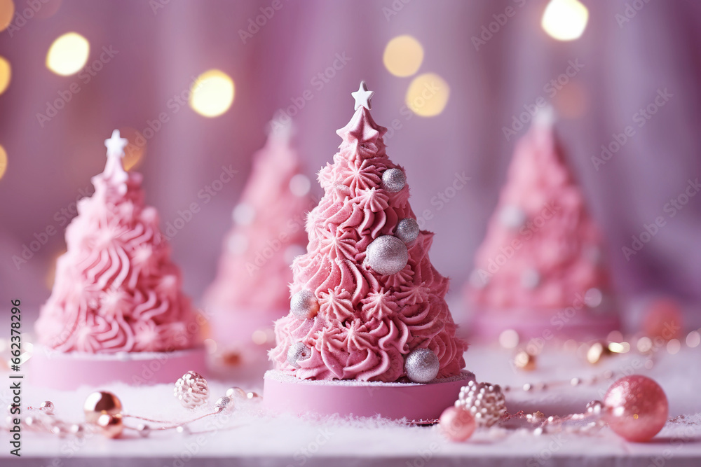 Pink cake in the shape of a Christmas tree in Christmas decoration