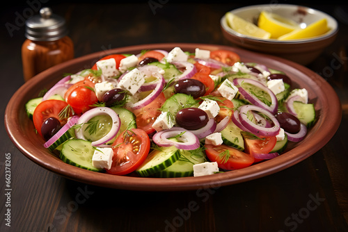Greek salad with tomatoes, cucumbers, onions and olives on a wooden background