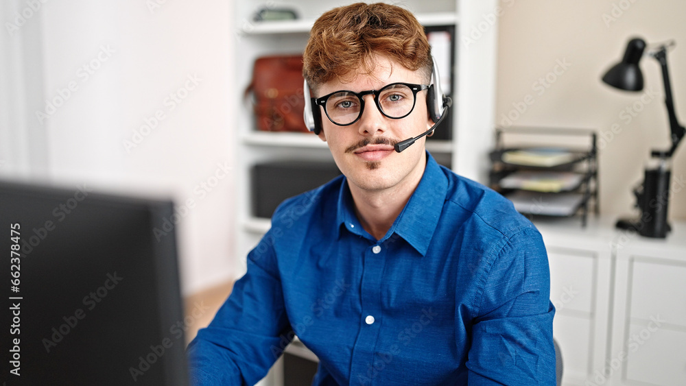 Young hispanic man business worker using computer and headphones at the office Young hispanic man business worker using computer and headphones at the office