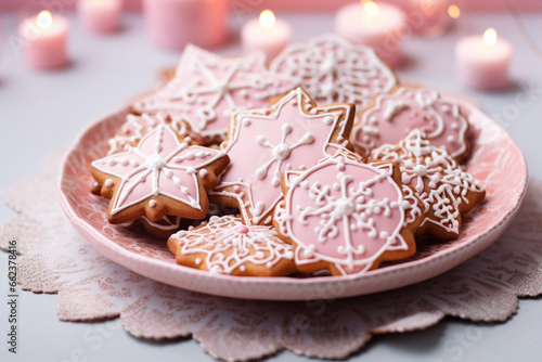 Delicious Christmas gingerbread cookies with pink icing for a sweet holiday,a traditional Christmas treat,the concept of sweet gifts