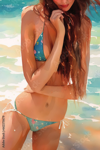 Girl on the beach in a swimsuit, abstract background, Generative AI.