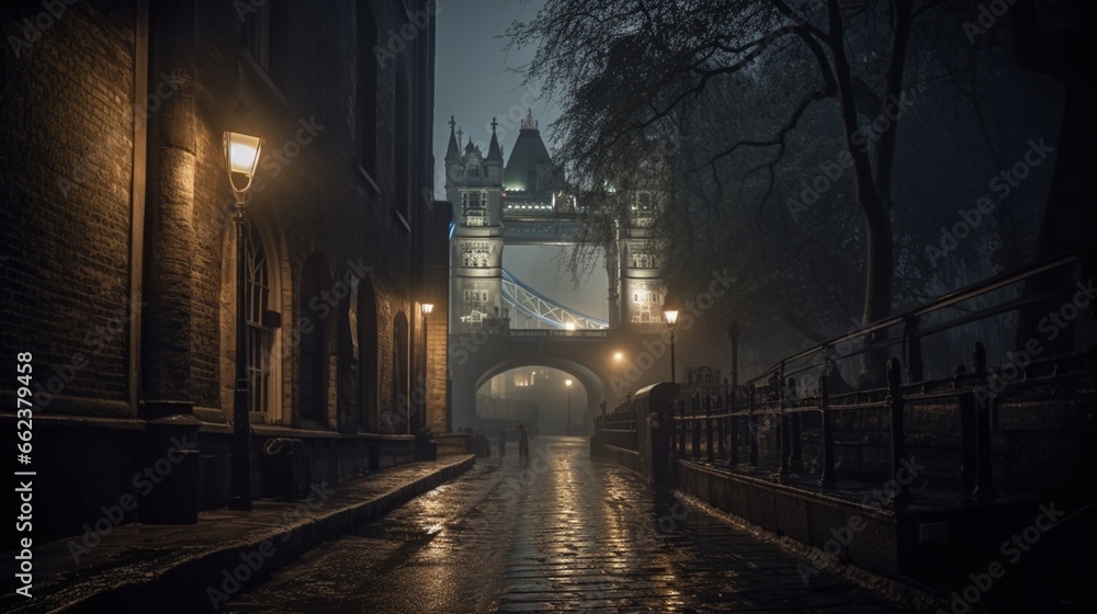 Photograph medieval London dark rain fog dramata Ai generated art - obrazy, fototapety, plakaty 