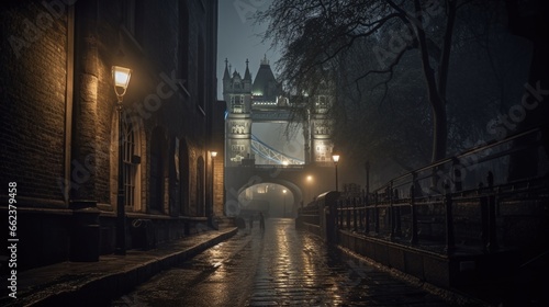 Photograph medieval London dark rain fog dramata Ai generated art