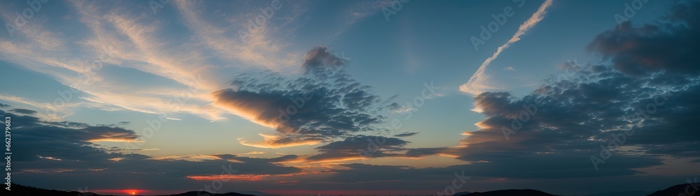 Beautiful atmospheric dramatic clouds in the evening at sunset.. Generative AI.
