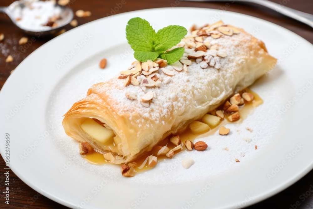 classic apple strudel. Austrian cuisine. white plate classic apple strudel. Austrian cuisine. white plate