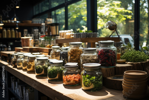 A zero-waste grocery store where shoppers bring their reusable containers, reducing packaging waste. Generative Ai.