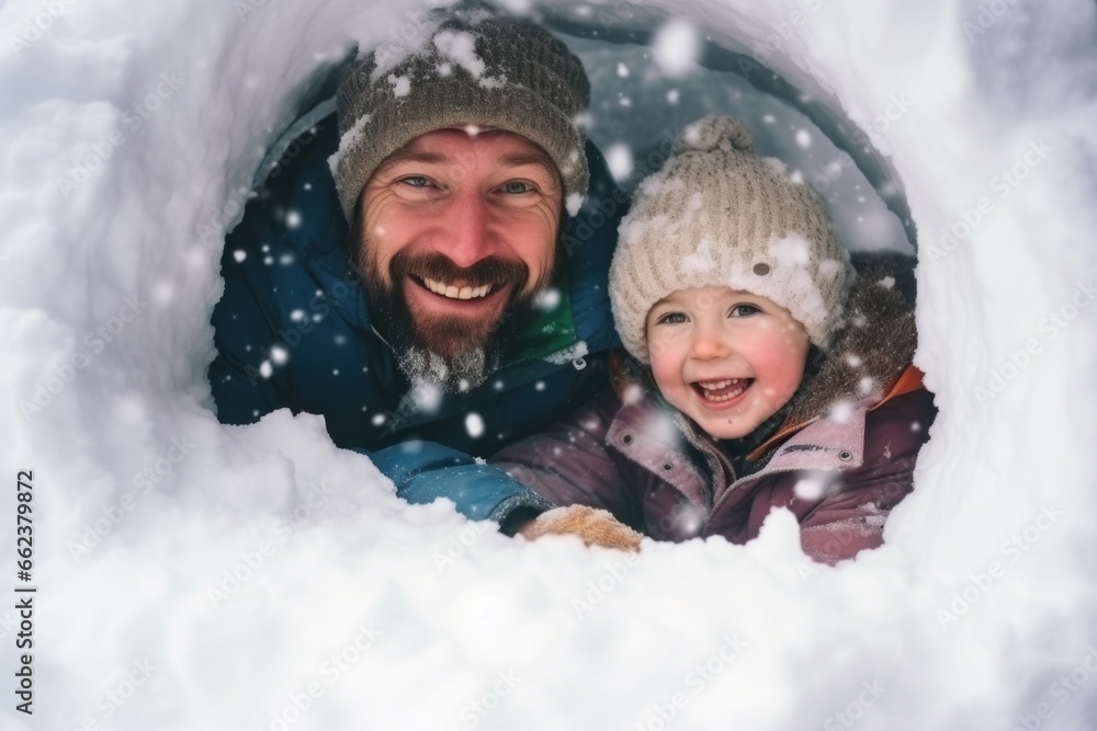 happy child and dad playing in the snow. ice cave. childhood. father's day happy child and dad playing in the snow. ice cave. childhood. father's day