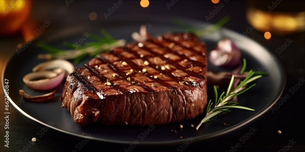 Grilled beef steak on a black plate board combined with rosemary leaves and onions photographed from above. Generative AI - obrazy, fototapety, plakaty 