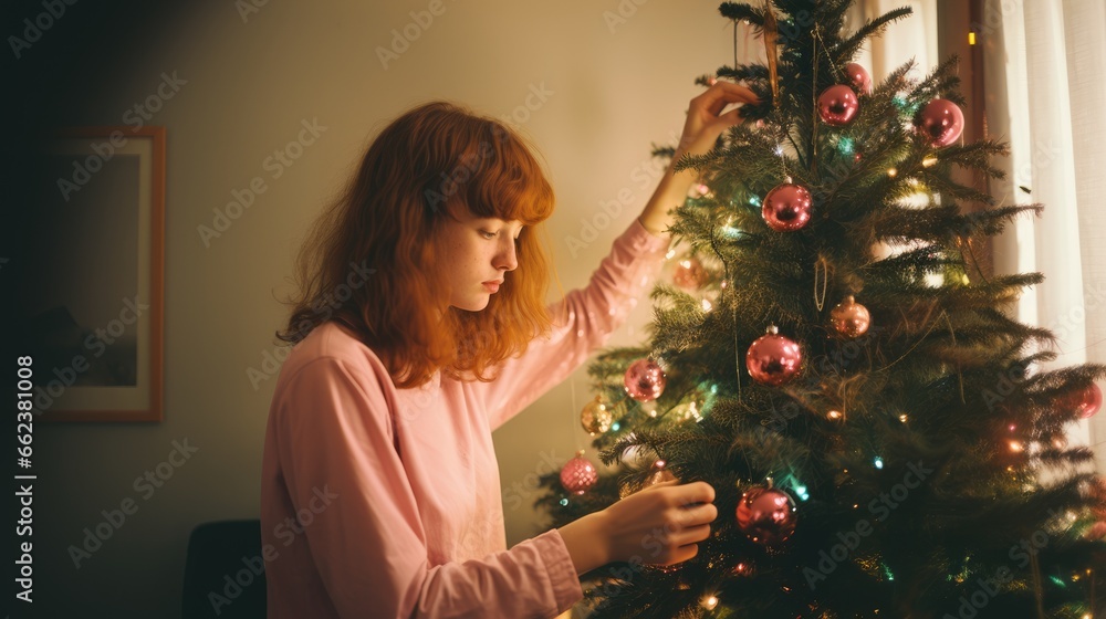 Young woman decorating christmas tree at home. Christmas and New Year concept. Film colors.