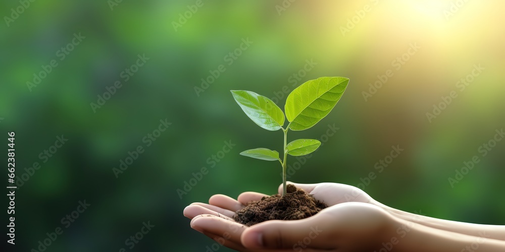 Close-up photo of person's hand holding abundant soil with young plants in hand for agriculture with environmentally friendly concept.