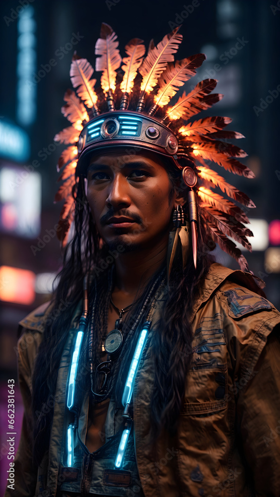 portrait of an American Indian chief on the street at night, cyber punk style