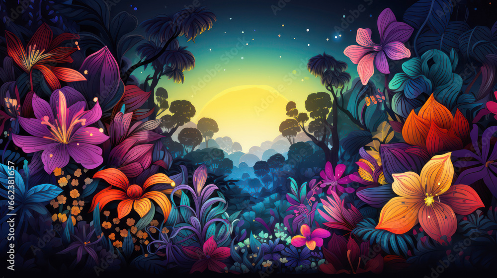Tranquil nighttime serenity: moonlit botanical scene with multi colored blooms and peaceful fauna