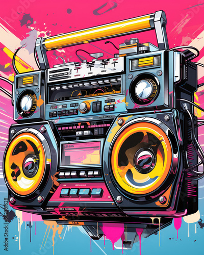 Retro music party poster with vintage boombox and sound system speakers