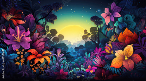 Tranquil nighttime serenity  moonlit botanical scene with multi colored blooms and peaceful fauna