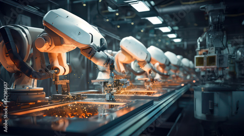 Image of a row of robotic arms working on a machine in a factory