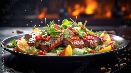 Image of a delicious and sizzling plate of grilled meat and vegetables with a fiery backdrop