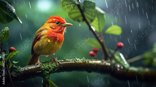 Image of a bird perched on a rain-soaked branch © allportall