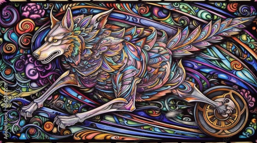 Psychedelic wolf running through snowy african art Ai generated art