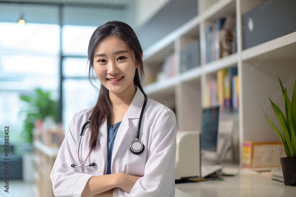 © Canvas Alchemy - Young Chinese woman wearing doctor uniform and stethoscope with a happy smile. Lucky person