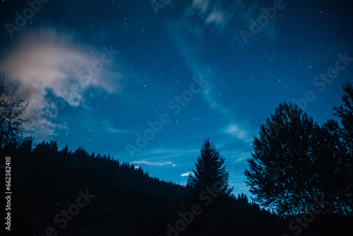 Vivid sparkling stars shine in the night sky as white clouds move along the trees in a valley
