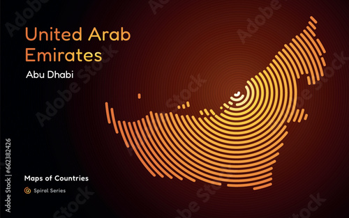 Abstract map of United arab Emirates with gold spiral lines. identifying its capital city, Abu Dhabi. Spiral pattern series
