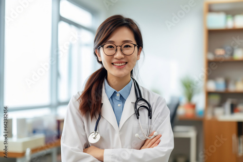 Young Chinese woman wearing doctor uniform and stethoscope with a happy smile. Lucky person
