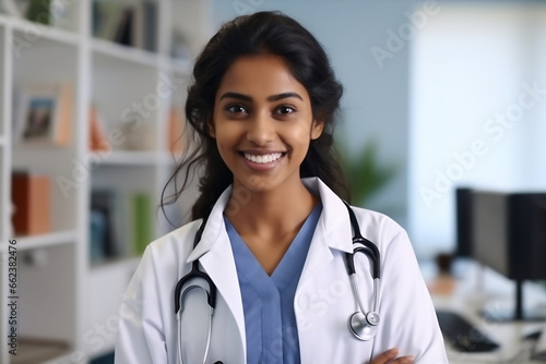 Young Indian woman wearing doctor uniform and stethoscope with a happy smile. Lucky person