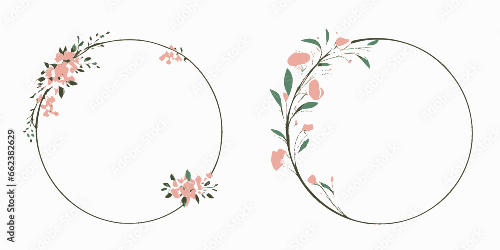 set of two circular simple floral frame with flowers vector - obrazy, fototapety, plakaty 