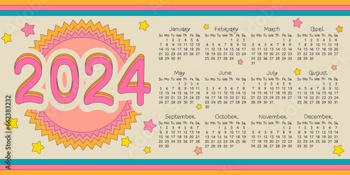 Retro style calendar for 2024. New Year. Calendar in the 70s, 80s. Cute, cartoonish and colorful calendar in hippie style. Vector illustration with editable stroke. Horizontal