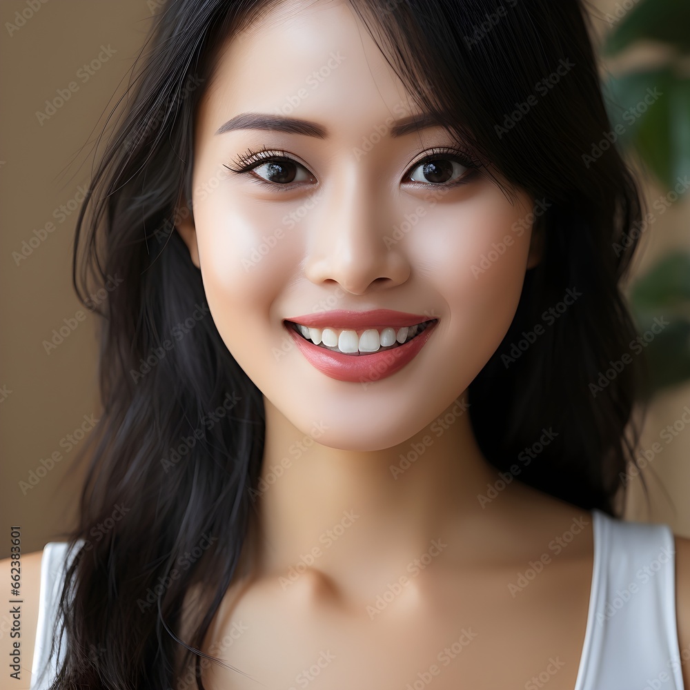 Fototapeta premium Portrait beautiful asian model woman with white teeth smile, healthy black hair and beauty skin Concept of advertising dentist dental and facial care. 