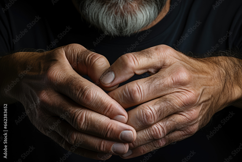 Fototapeta premium A minimalist portrait that focuses solely on the subject's hands, each line and crease telling a unique story. Generative Ai.