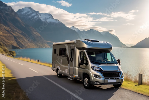 Motorhome on the landscape with mountains and lake. Car traveling illustration. Freedom vacation travel. Caravan design concept