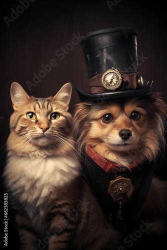 Steampunk cat and dog with glasses. Abstract surreal illustration. Digital designer art. Cyberpunk painting.