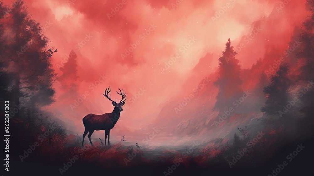 Red Smokey background lone deer standing beautiful art Ai generated art Red Smokey background lone deer standing beautiful art Ai generated art